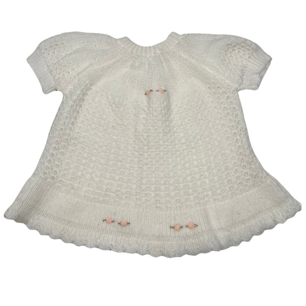 Vintage White Hand Knit Baby Dress and Made in Greece Size: L (18 month)